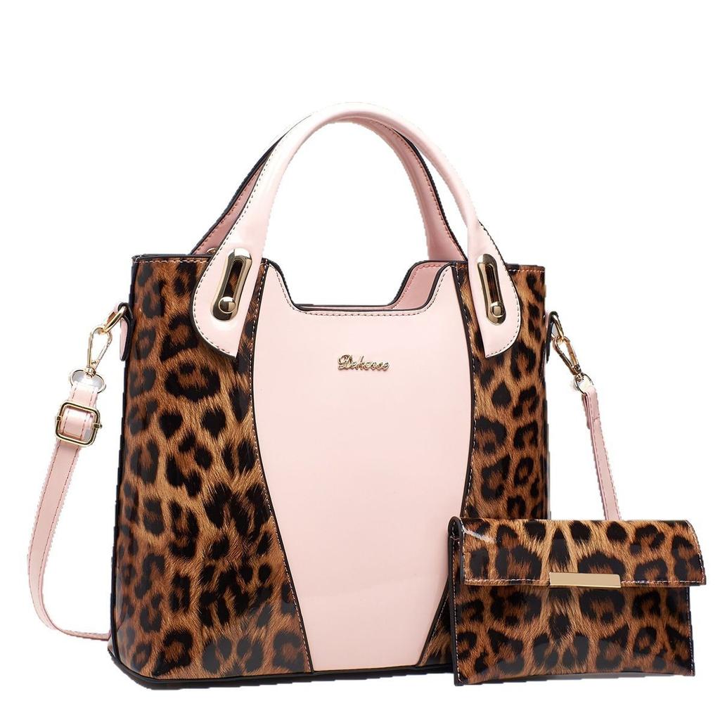 New Leopard Print Mother Bag Spliced Bright Leather Handbag Middle-aged Mother Bag Large Capacity Multi-functional Women's Shoulder Bag