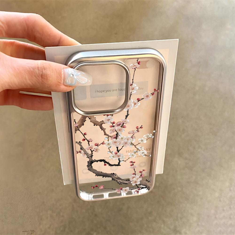 Custodia Lussuosa con Motivo di Fiori di Prugno per iPhone 17 15 16 14 13 12 11 Pro Max XS X XR 13 14 15 16 Plus Custodia Trasparente Placcata