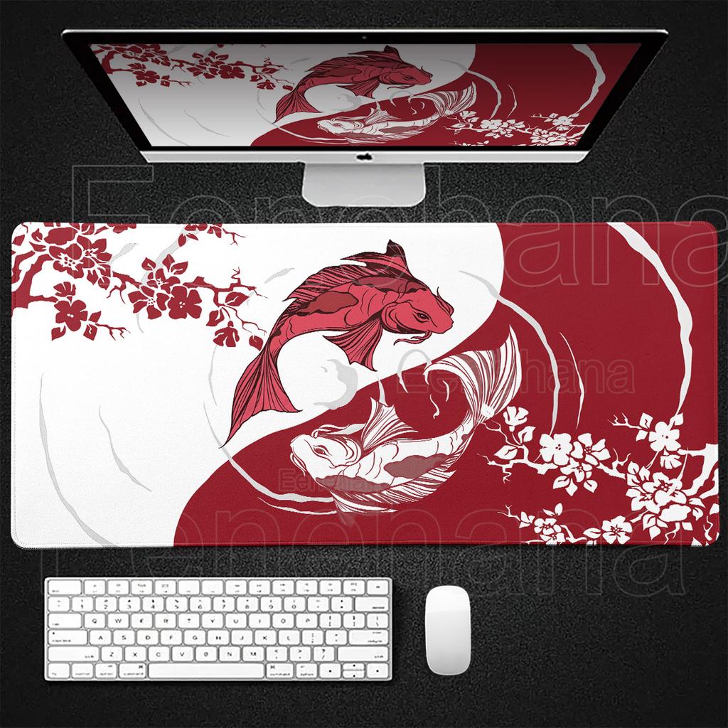 Japanese Black White PC Gaming Big Mouse Pad Yin Yang Fish Sakura Nonslip XXL Desk Keyboard Expansion Mat Office Accessories