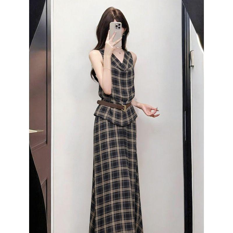 2026 Summer New Style Salt-Style Mature yet Cool and Stylish Age-Reducing Black Plaid Top and Skirt Two-Piece Set Black Plaid Top-Skirt XL