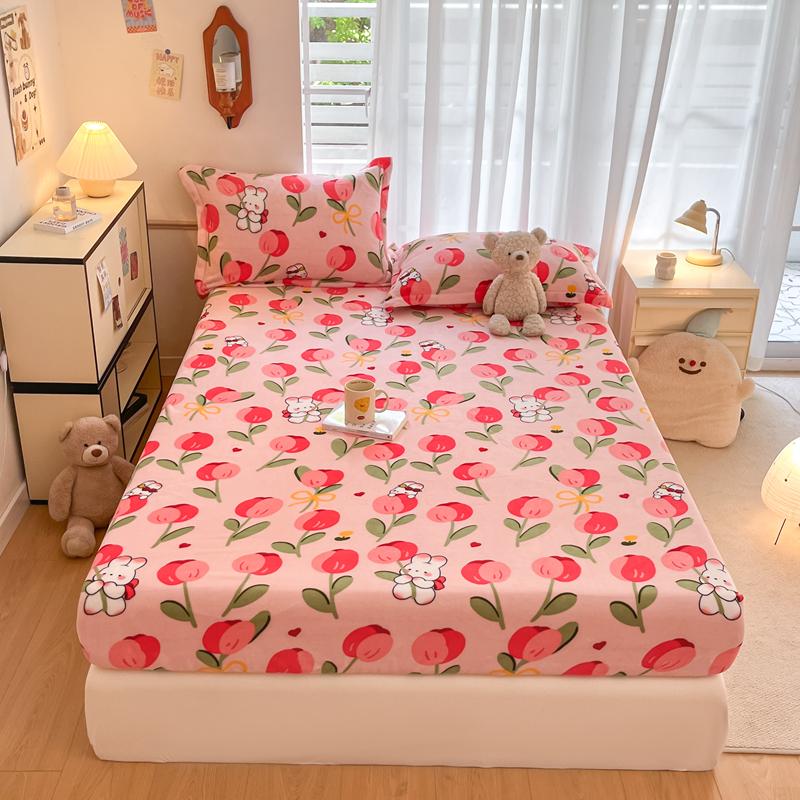 Cute Cartoon Bear Pattern Flannel Fitted Sheet Set Warm Breathable Super Soft Deep Pockets Mattress Cover for Kids Boys Girls