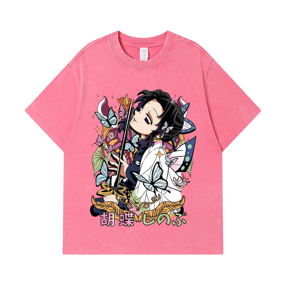 275 GSM Washed T-shirts 100% Cotton Demon Slayer V104 Shinobu Flower Print Unisex Heavy Cotton T Shirt