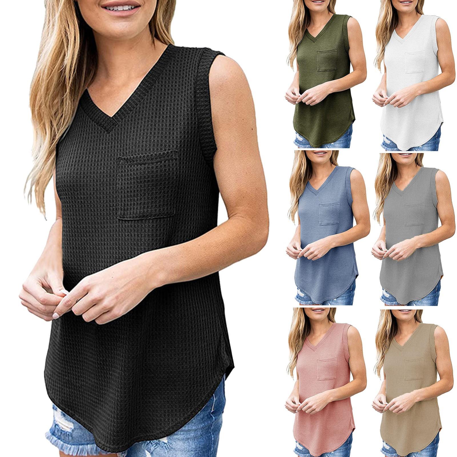 

Женский топ без рукавов с v-образным вырезом и карманом, однотонная майка, футболка, топ