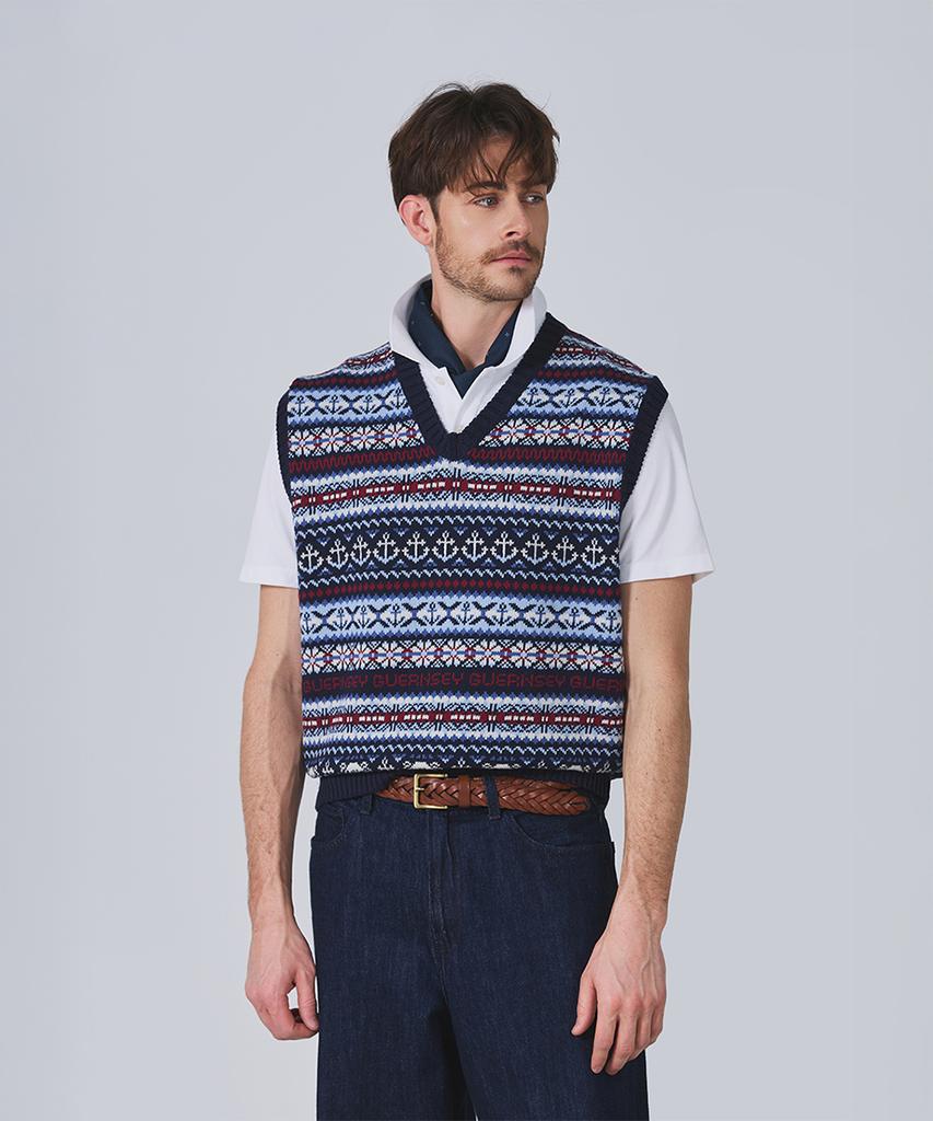 Geonjiulleunseu Grand Roque Fair Isle Cotton V-Neck Vest - Navy