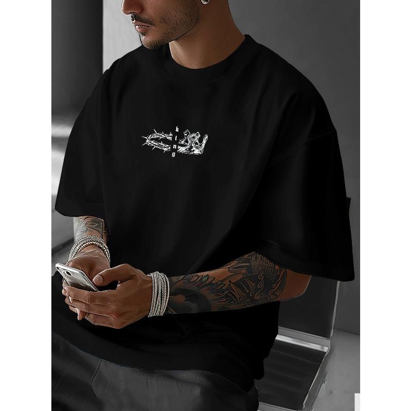 European sizes Men's T-Shirt - Breathable, Casual Street Style, Round Neck, Loose Fit, Black with White Print