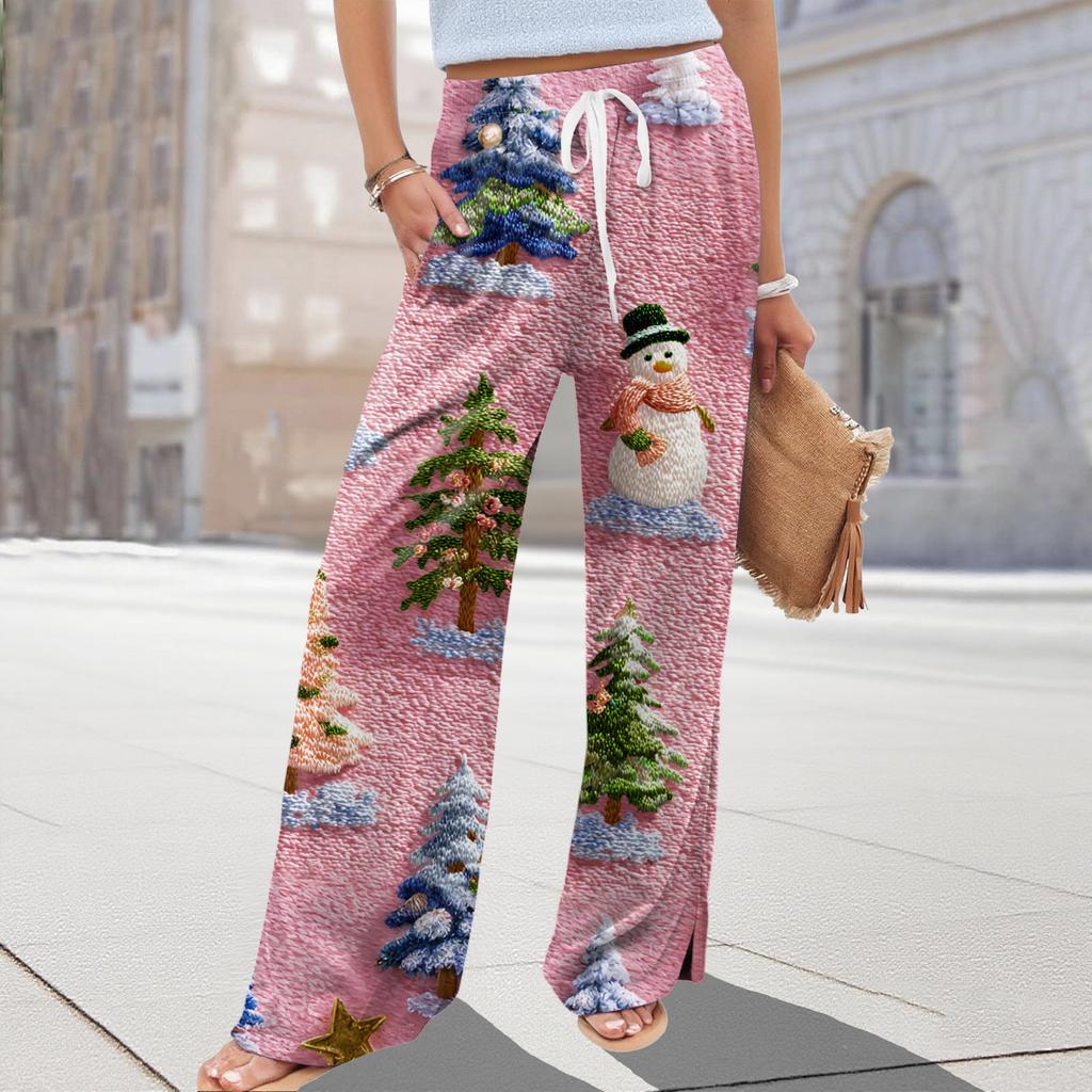 Ladies' Loose And Casual Christmas Printed Wide Leg Pants With Elastic Waistband Drawstring And Pocket Pants