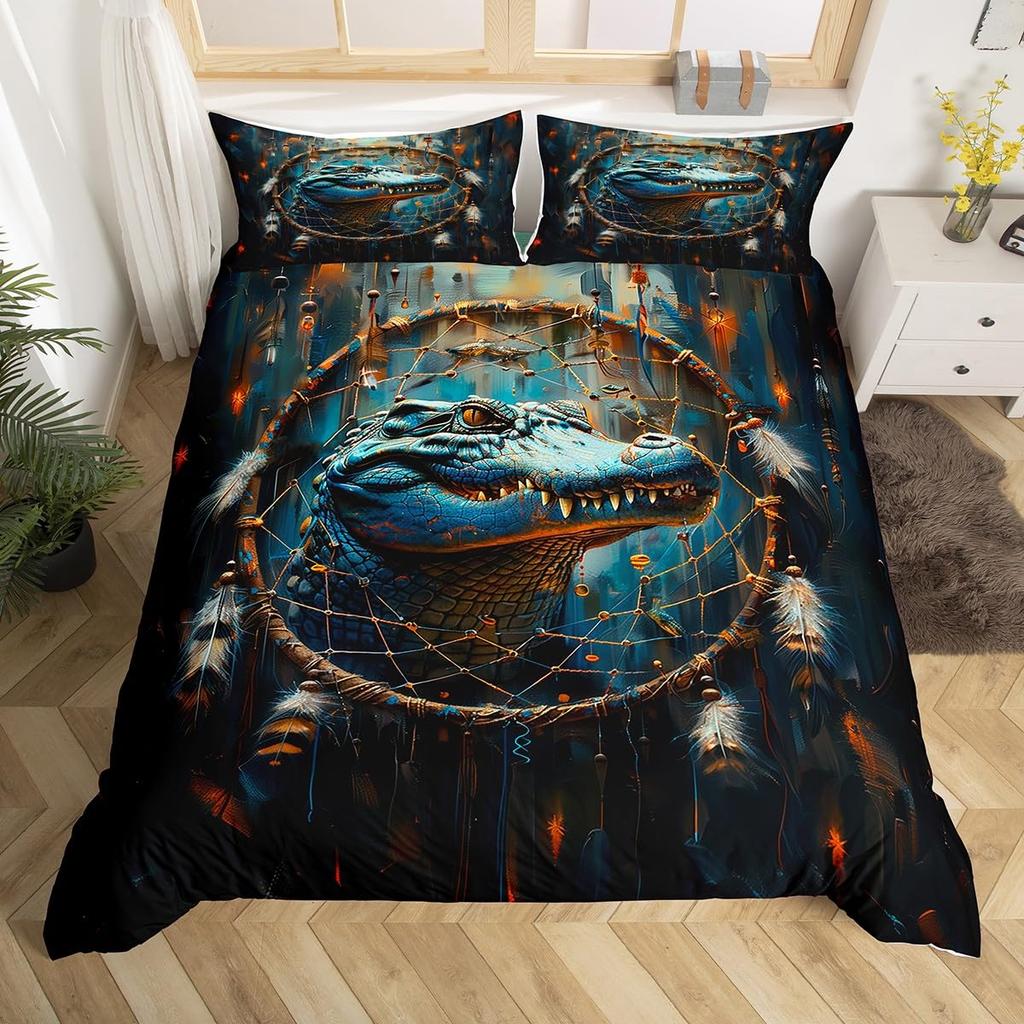 Alligator Duvet Cover Set Crocodile Wildlife Pattern Microfiber Bedding Set Adult Kid Bedroom Soft Comforter Cover with Zipper
