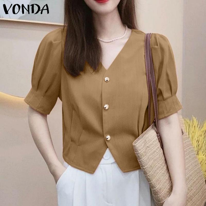 

VONDA женская летняя однотонная свободная блузка с v-образным вырезом и короткими рукавами и пуговицами