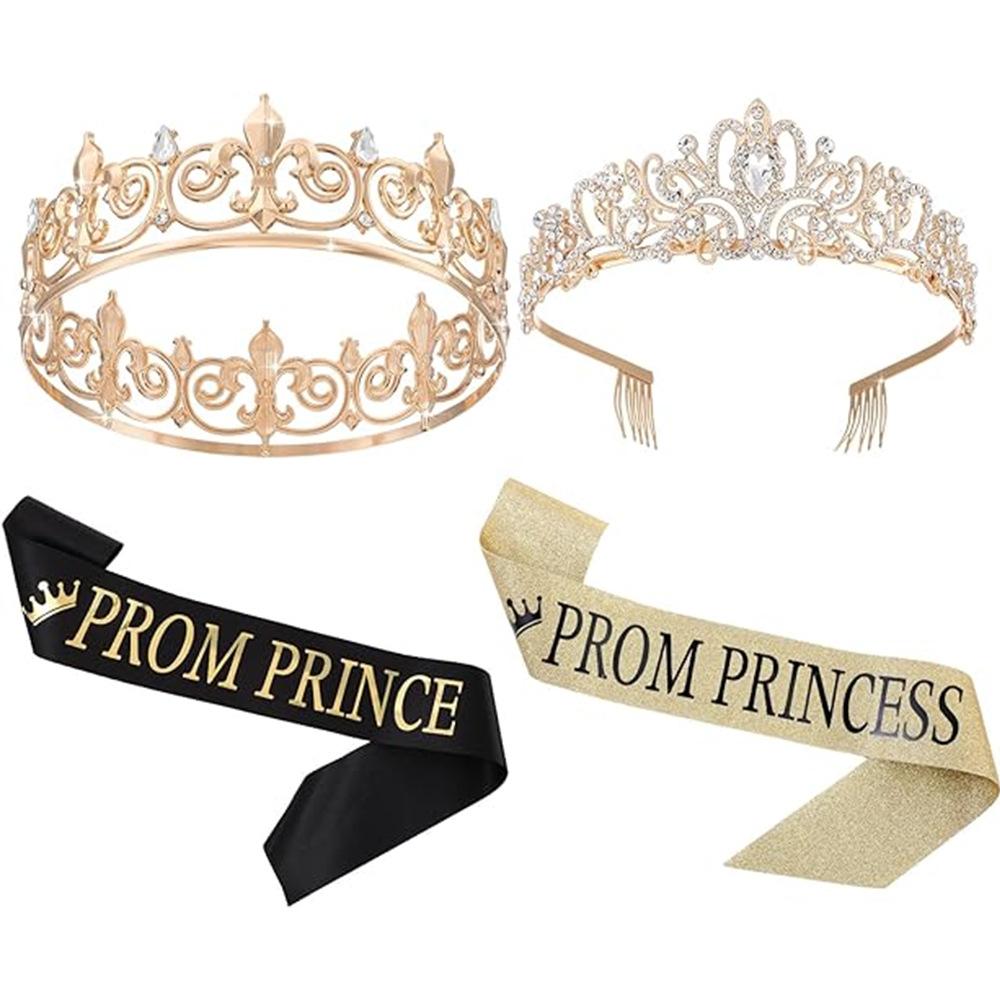 Round Crystal Crown Prom Prince Tiara Ribbon King Queen Ribbon Crown Party Decoration
