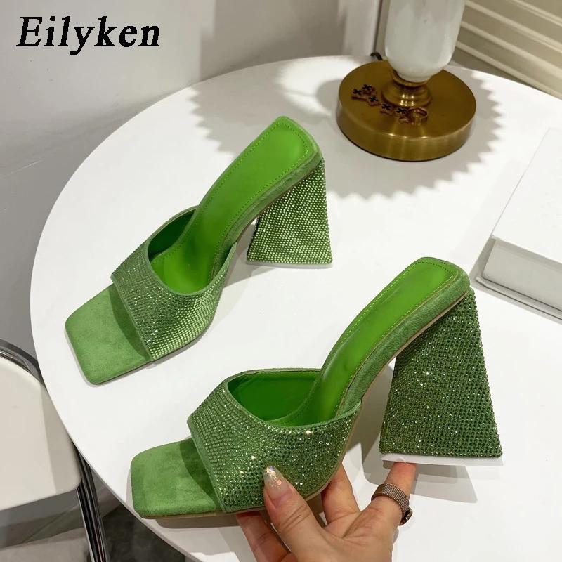 

Fashion Eilyken Summer CRYSTAL Triangle Thick Heel Slippers Sexy Street Woman Square Toes Dress Party Shoes Size 35-41 41 зелёный