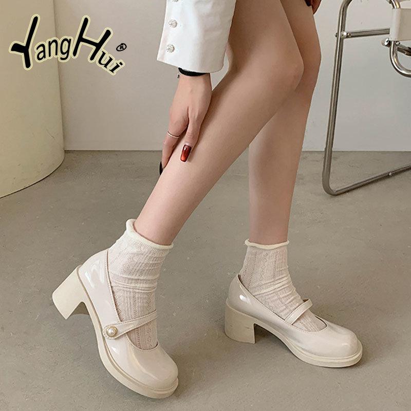 Fashion British Style Retro Mary Janes 2024 Fashion All-match Casual Pearl Accessories Round Toe Coarse Square Heel Pumps Spring Summer