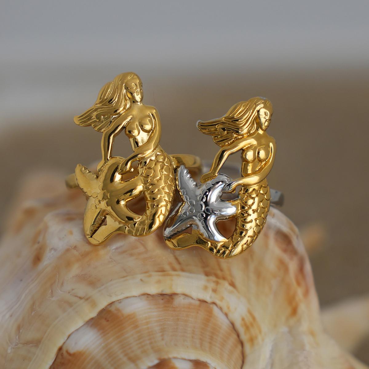 

Ocean Style Little Mermaid 18K Gold Plated Stainless Steel Open Rings For Women Anti Allergenic Waterproof Zircon For Vacation resizable