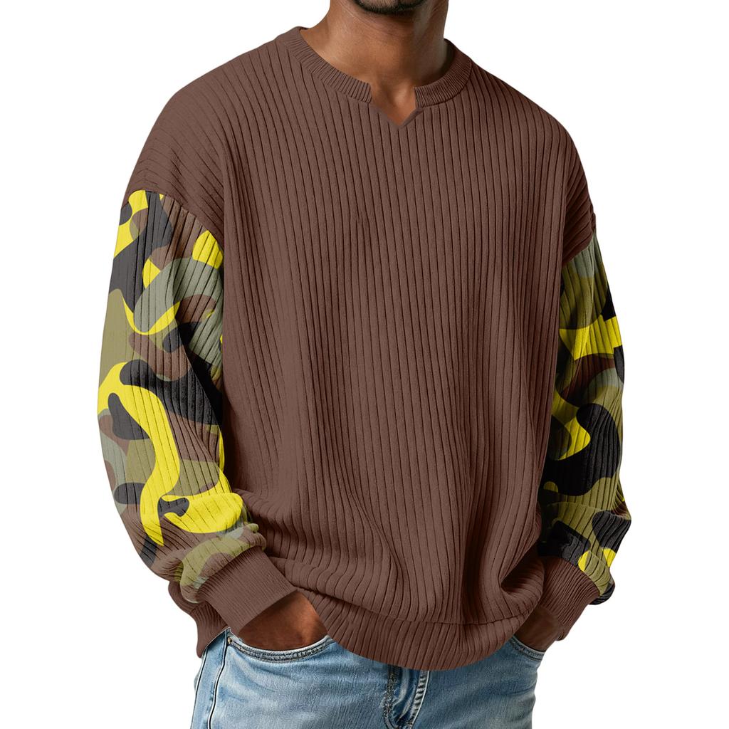 Men's Camouflage Stylish V-Neck Ribbed Textured Long-Sleeve T-Shirt