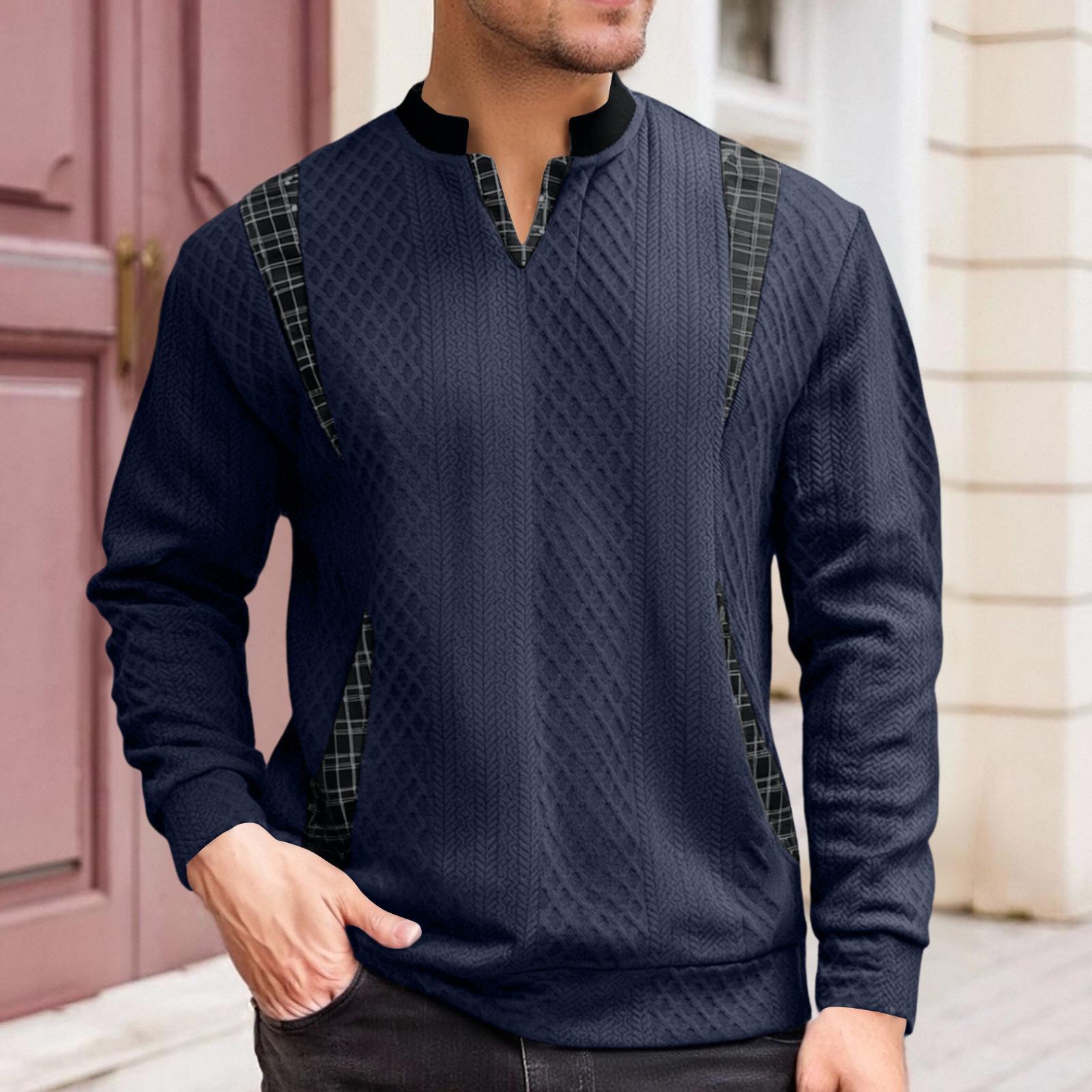 

Мужской свитшот, повседневный, с V-образным вырезом, с длинным рукавом, футболки со стойкой, пуловер, вязаный, для улицы XXXL тёмно-синий