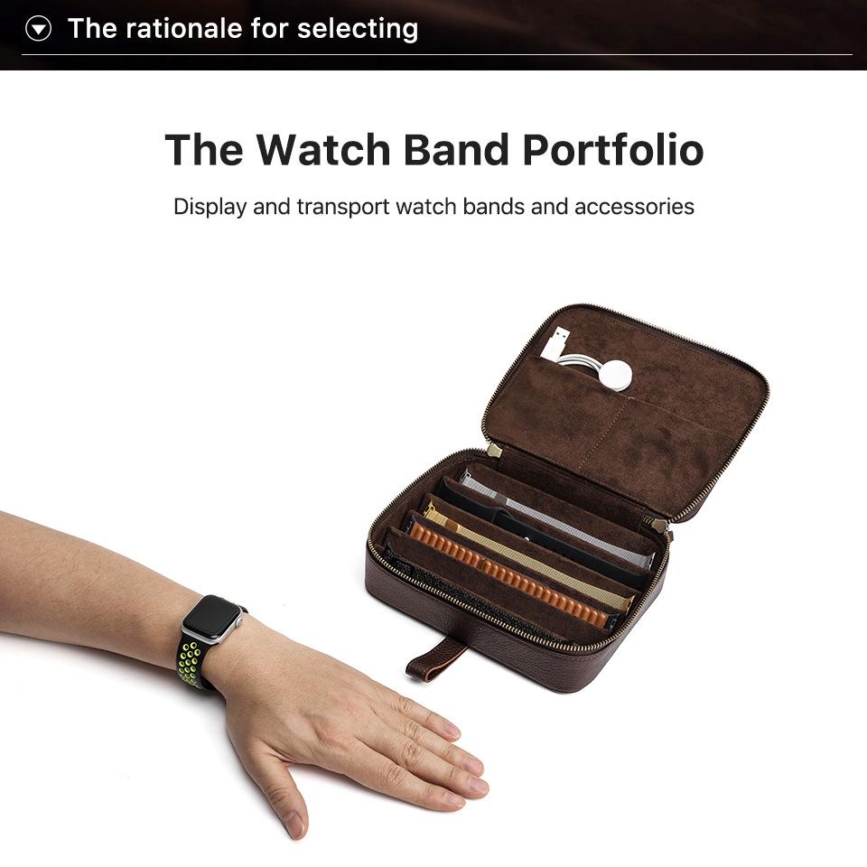 Vintage Cowhide Multi-Compartment Watch Strap Storage Box with Zipper Closure for Mechanical Wristwatches
