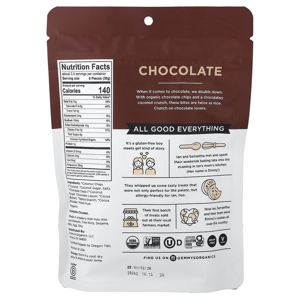 Emmy's Organic Cookies, Chocolate Coconut Crunch, 100g (3.5oz)
