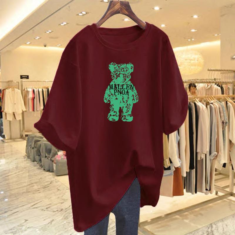 Spring and Summer Cartoon Foreign Style Pure Cotton Loose Bear T-shirt Short Sleeve Women's Summer New