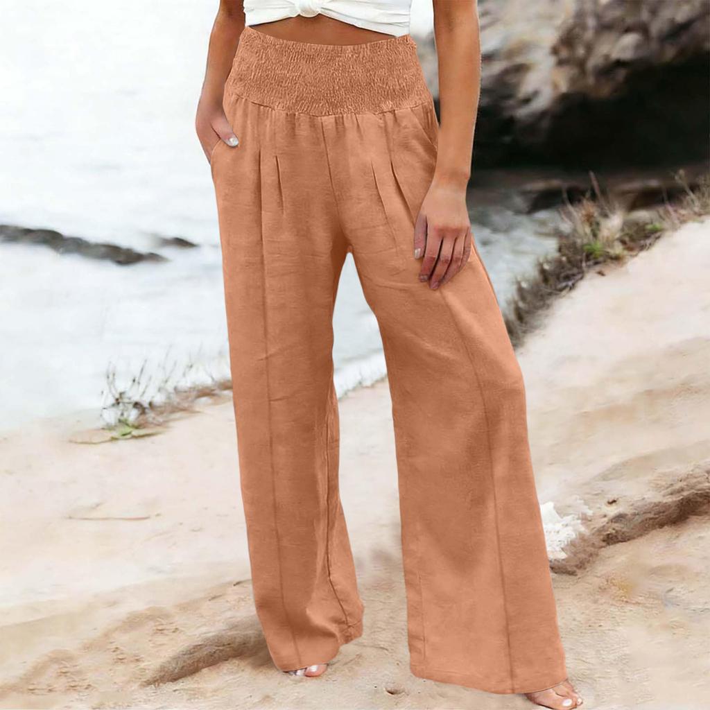 Women High Waist Wide Leg Pants Loose Fit Casual Trousers with Smocked Elastic Waistband and Side Pockets for Daily Wear