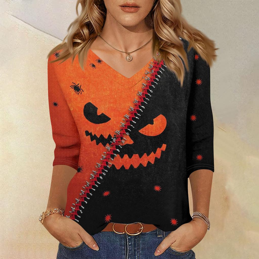 Women's Halloween Print V Neck Top 3/4 Sleeve Casual Shirt Lightweight Comfortable Fit Suitable for Seasonal Wear