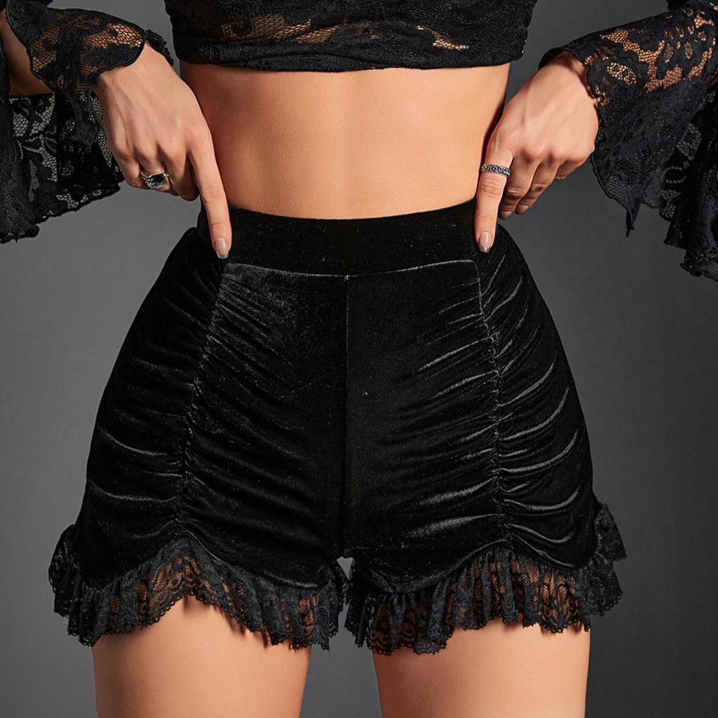 Gothic Velvet High-Waisted Lace Trim Shorts