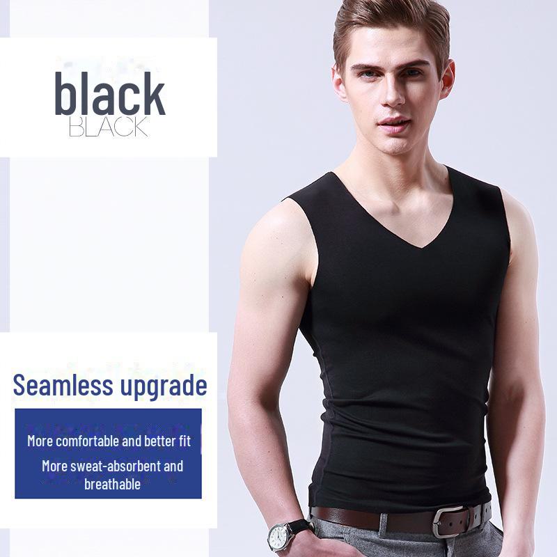 Men's White Ice Silk Seamless V-Neck Sleeveless Sports Vest - Summer Slim Fit