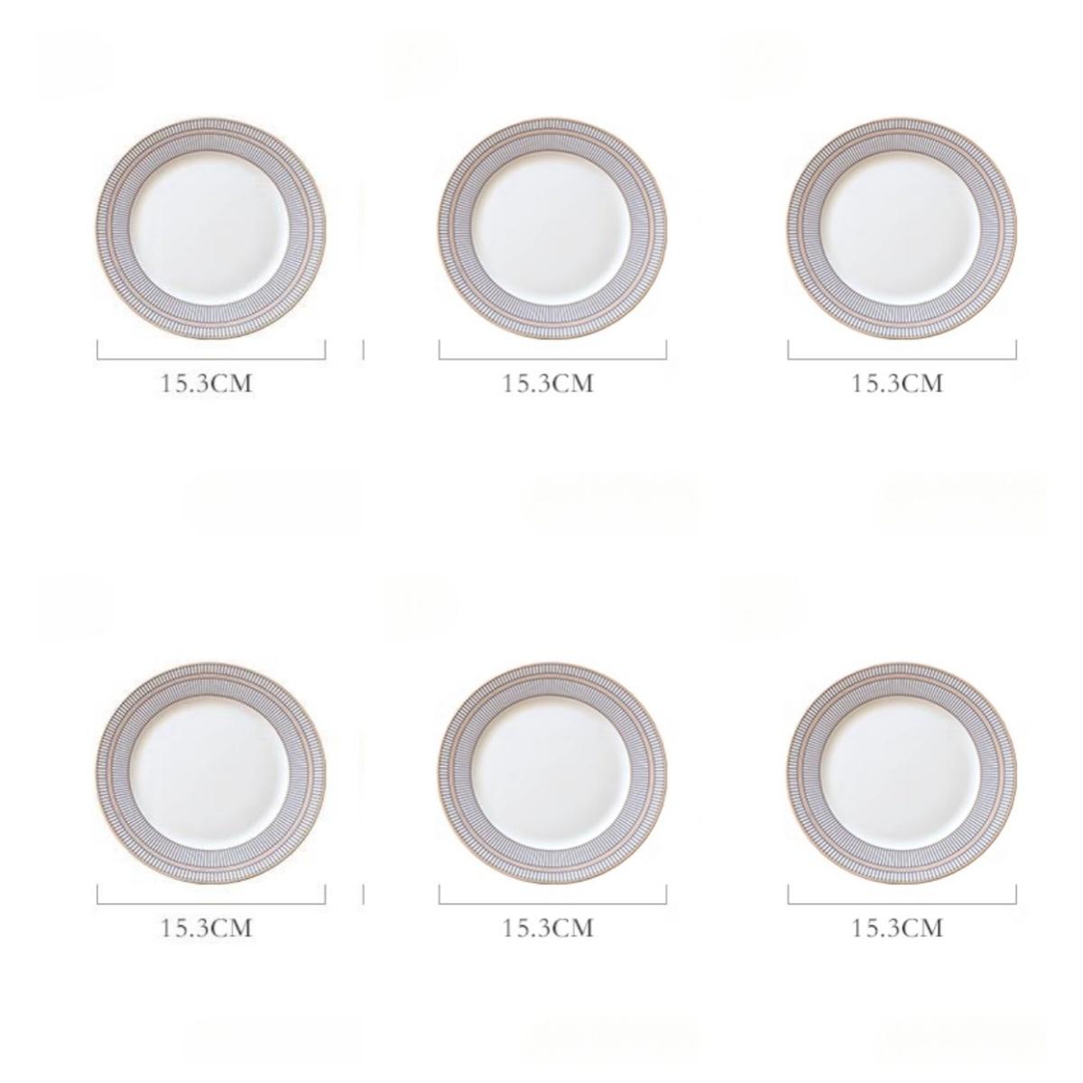 

Наборы обеденных тарелок из тонкого костяного фарфора, Посуда в стиле легкой роскоши с полосатым узором и позолоченным краем, Фарфоровая столовая посуда Круглый набор из 6