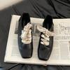 Retro Versatile Lace-up Literary Square Head Small Leather Shoes for Women's 2025 Summer New High-end Thick Heel Front Lace-up Single Shoes