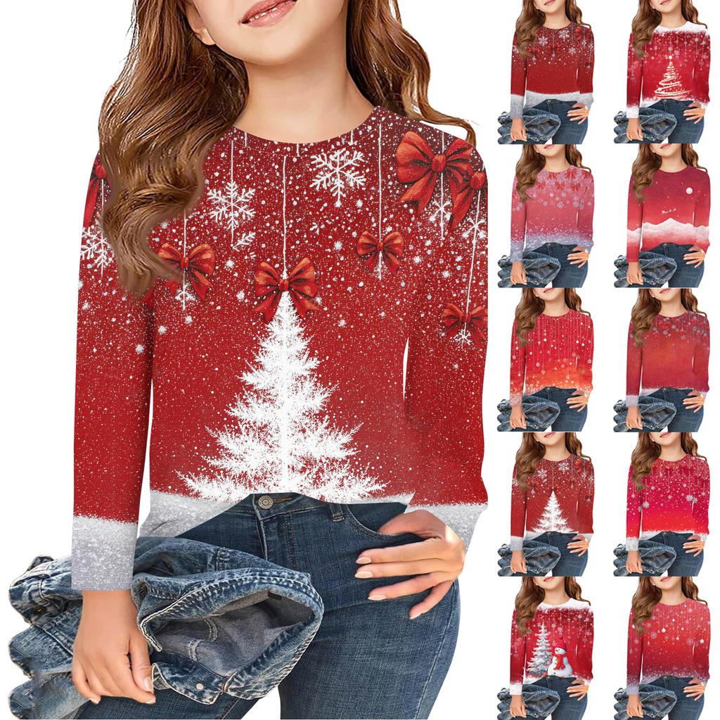 T-shirts à manches longues pour filles pour le jour de Noël, hauts d'automne pour enfants, t-shirts basiques à col rond imprimés