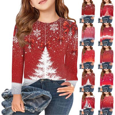 Christmas Day Girls Long Sleeve T Shirts Kids Fall Tops Crewneck Printed Basic Tees