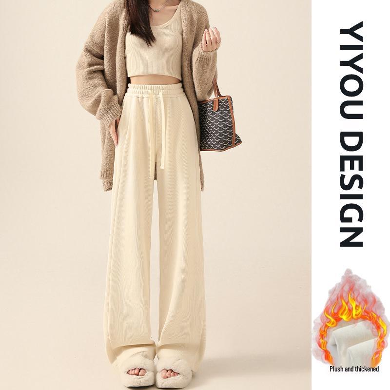 Women's Khaki Chenille Fleece-Lined Wide-Leg High-Waist Trousers: Sporty, Casual, Straight-Leg for Spring, Autumn, Winter.