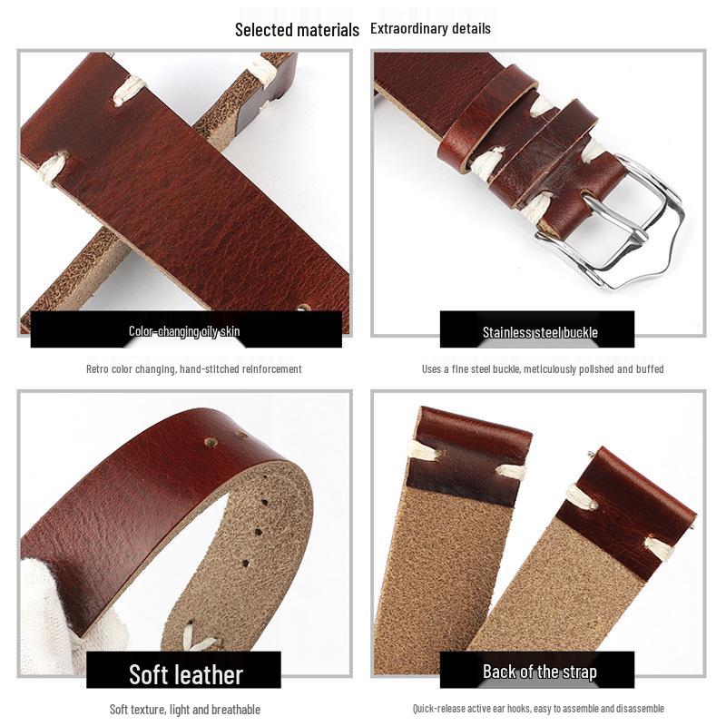 Men's Clearance Sale Cowhide Watch Strap - 22mm Crazy Horse Leather Cracked Pattern Wristband