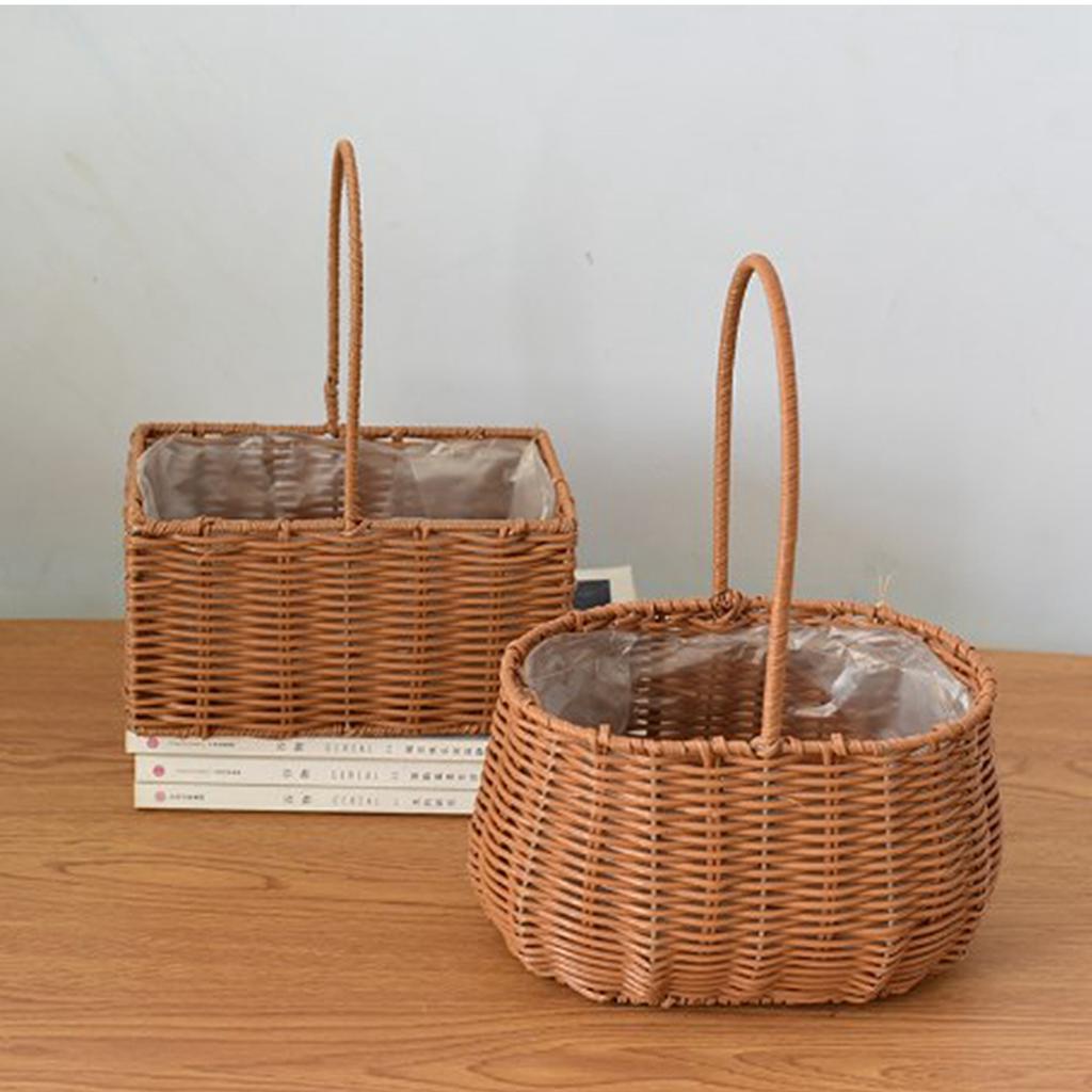 Portable Woven Basket with Handle PP Rattan Hand Woven Hamper for Fruits Vegetables Gifts