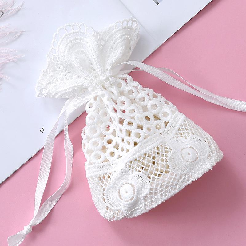 New 10X14CM Five Petal Flower White Lace Yarn Bag Folded Bottom Jewelry Drawstring Bag Creative Gift Slub Yarn Drawstring Pocket