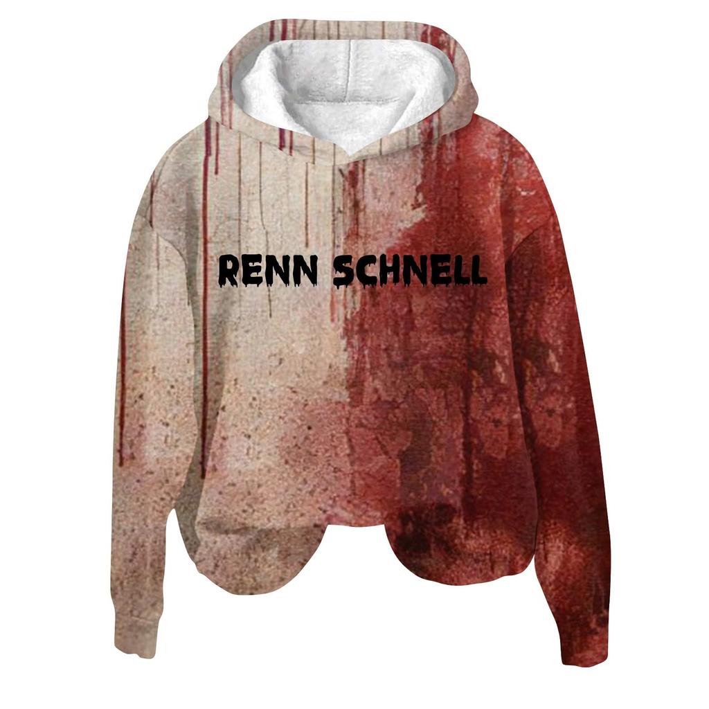 Dames 3D Blodige Bokstaver Trykket Langermet Løs Hettegenser Ny Halloween Damer Casual Langermet Genser