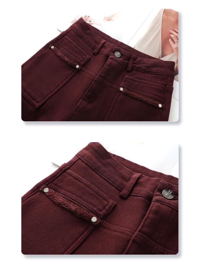 Ancola Women's 2024 Red Fleece-Lined High-Waisted Wide-Leg Jeans - Autumn/Winter Retro Style