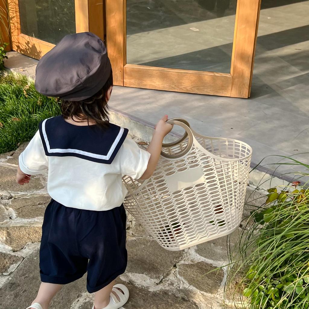 Summer Sibling Outfits: Boys' Sailor Collar Shorts Set & Girls' Academic Style Dress