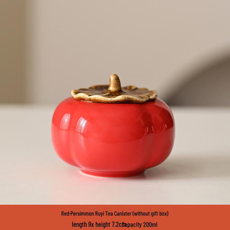 Charming Persimmon Ruyi Ceramic Tea Box & Mini Candy Jar Gift Set