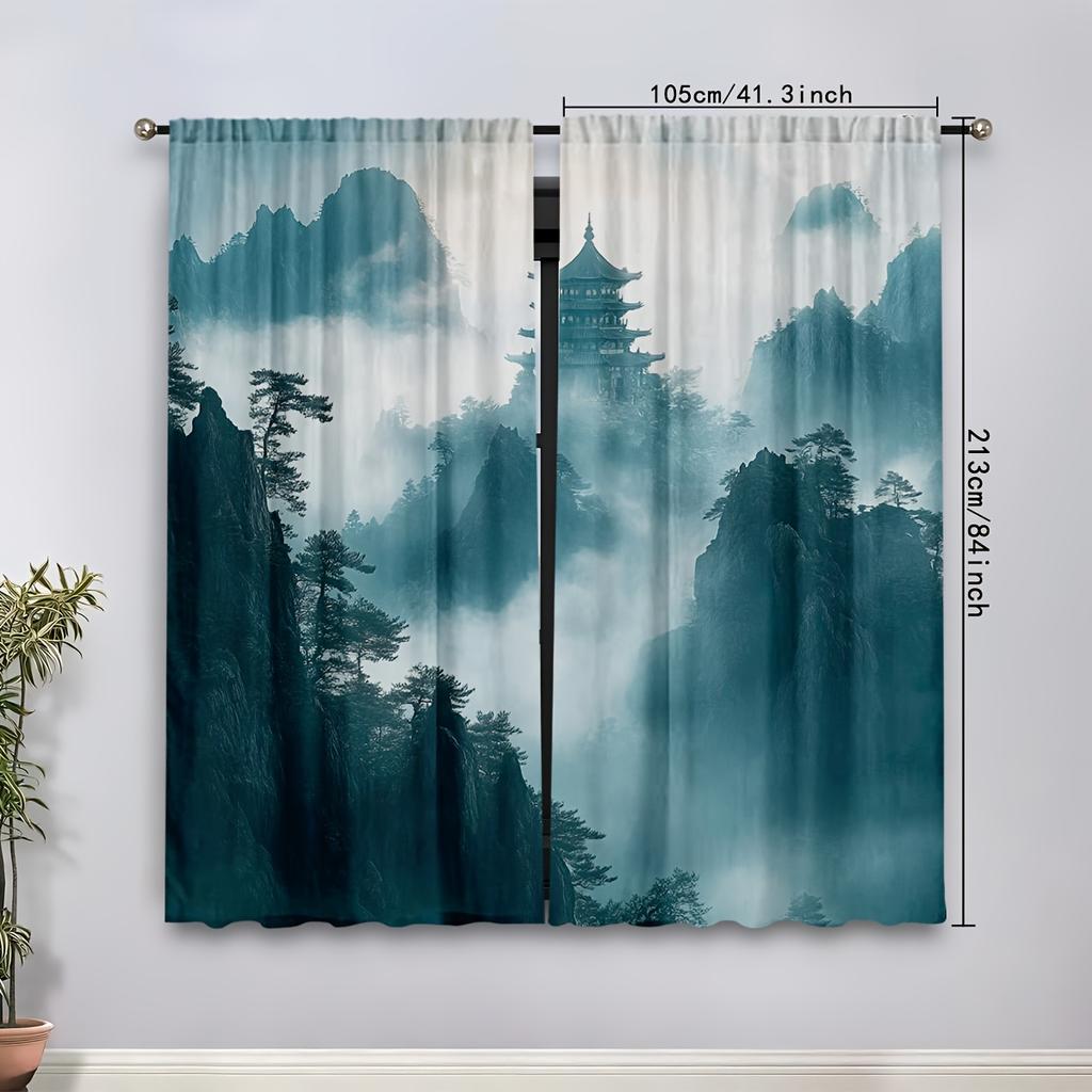 2pcs Tranquil Mountain & Pagoda Print Curtains - 16K Ultra HD   Misty Forest Design with Foggy Peaks   Semi-Transparent Polyester