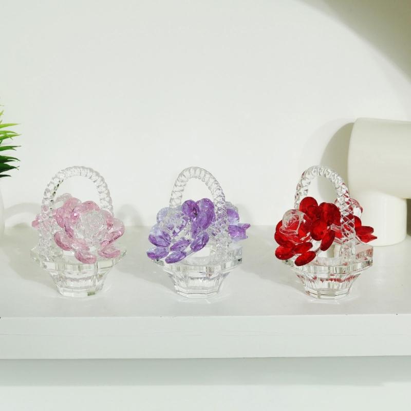 Elegant Crystals Rose Basket Figurine for Home Decoration, Sparkling Tabletop Ornament for Living Room