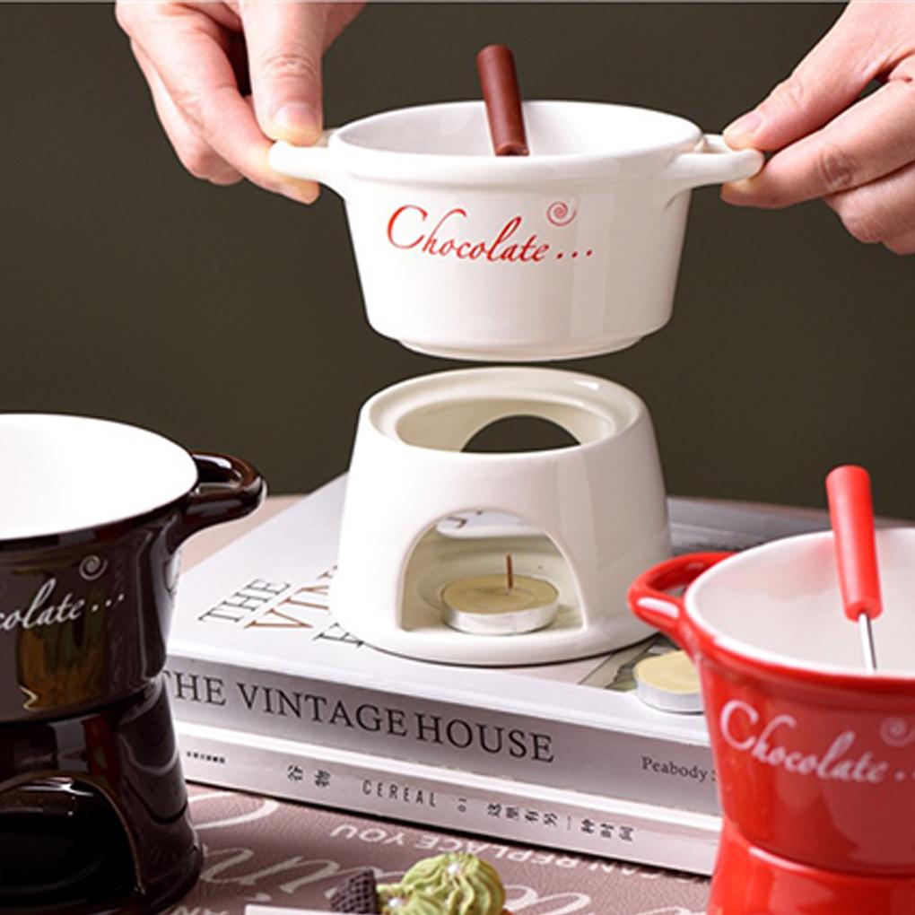 New 300ml Chocolate Fondue Mug with Fork Set Ceramic Butter Warmer Hot Chocolate Melting Cup for Candy Dessert Butter Heater