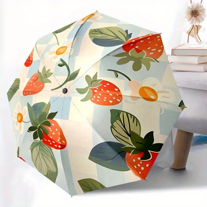 

1pc Strawberry Garden Auto Open/Close Umbrella - 8-Rib Reinforced Frame, 3-Fold Compact Portable Umbrella with Vibrant Strawbe (as the picture,Iron&8K)