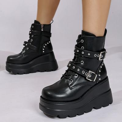 Mode Damen Gothic Klobige Plateau Stiefeletten Dicke Sohle Keilabsätze PU Leder Kampfstiefel Frau Nieten Schnalle Dekor Schwarz Punk Stiefel