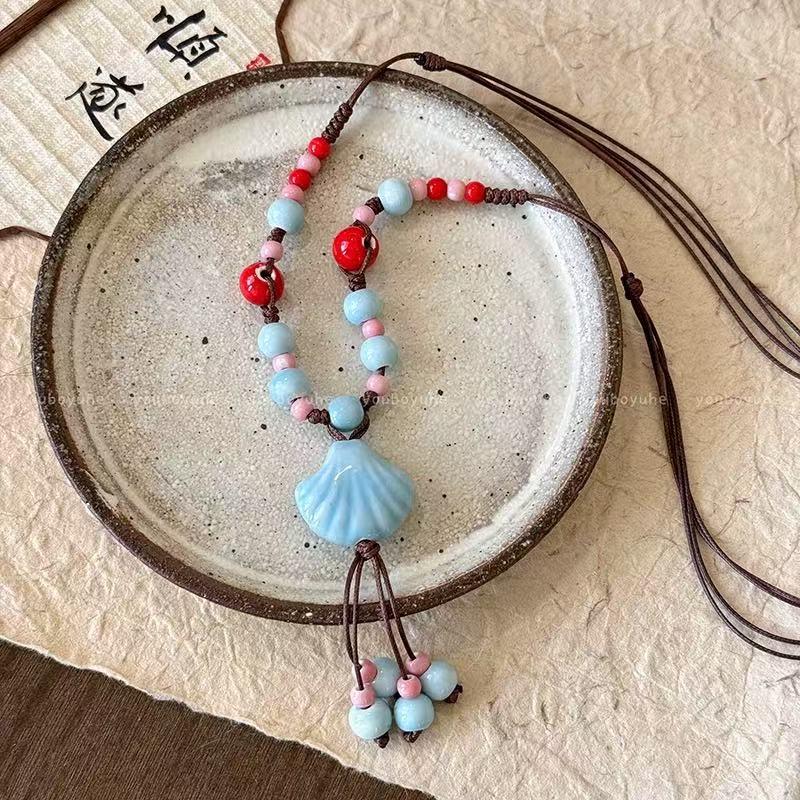 Bohemian Vintage Ethnic Necklace: Colorful Shell & Ceramic Beads On Braided Rope