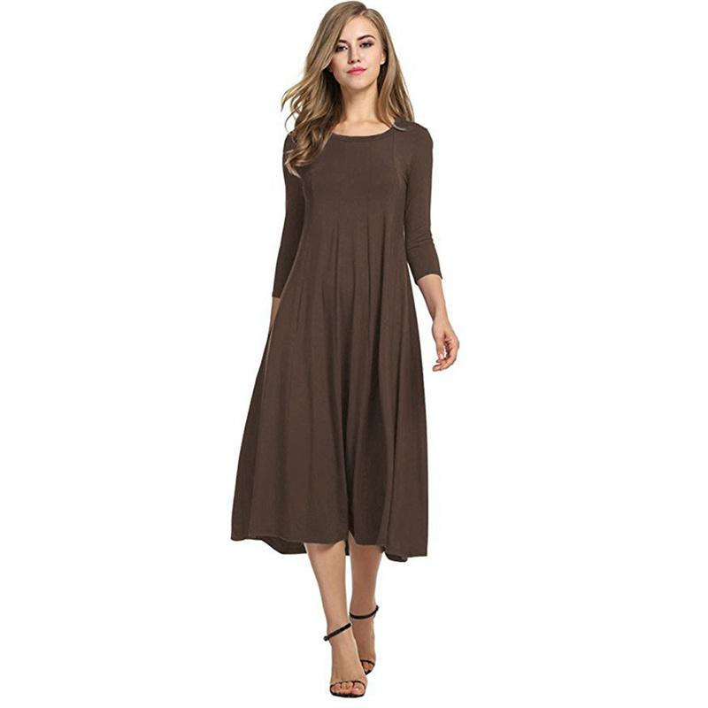 Sommerkleid für Damen, modisch, Rundhalsausschnitt, mittlere Ärmel, einfarbig, plissiert, lange Kleider