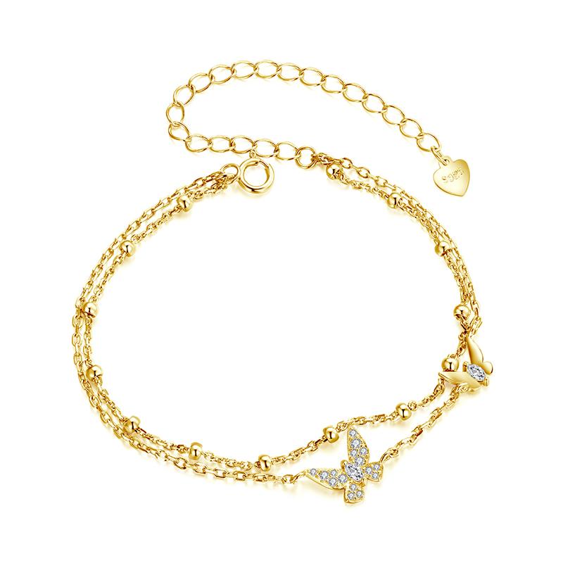 

BAMOER Double-Layer Butterfly Bracelet 925 Sterling Silver Adjustable CZ Layered Beads Wrist Chain Dainty Party Gift for Women
