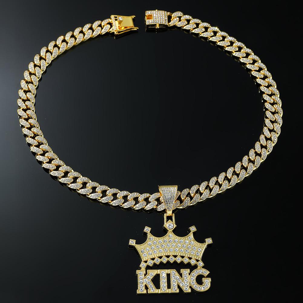 Biżuteria Łańcuch Kubański KING Litera Korona, Męski Streetowy Cool Diamentowy Wisiorek Europejski i Amerykański Naszyjnik Hip Hopowy