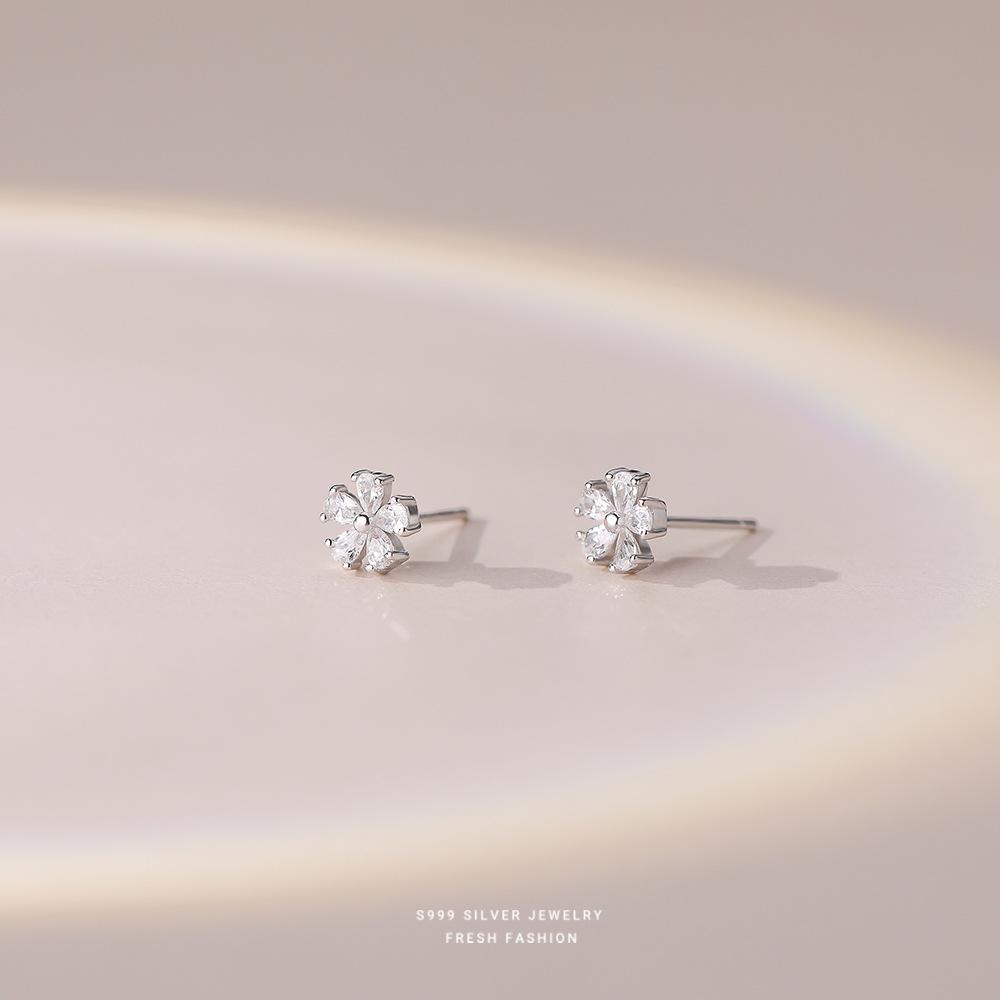 S999 Sterling Silver Mini Petal Set Zircon Stud Earrings for Women Small Cute Ear Jewelry Wholesale