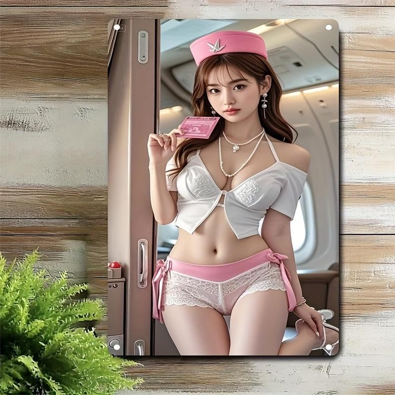 

Vintage Air Stewardess Metal Sign Retro Flight Attendant Wall Art with Pink Hat Lipstick Durable Iron Decor for Home Bar 20x30cm
