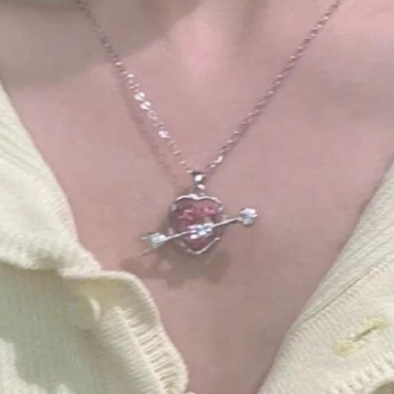 Sweet Pink Diamond Cupid Love Necklace ins Student Girl One Arrow Through Heart Pendant Girlfriend Chain Collarbone Chain