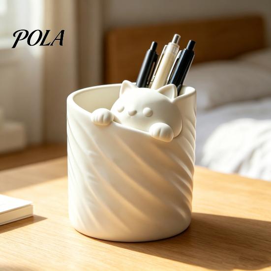 Pen Holder 3D Printed Holder, Cat Shape Large Capacity Hollow Barrel Desk Organizer for Pencils Gel Pens Makeup Brushes, Cute Girlish Decor